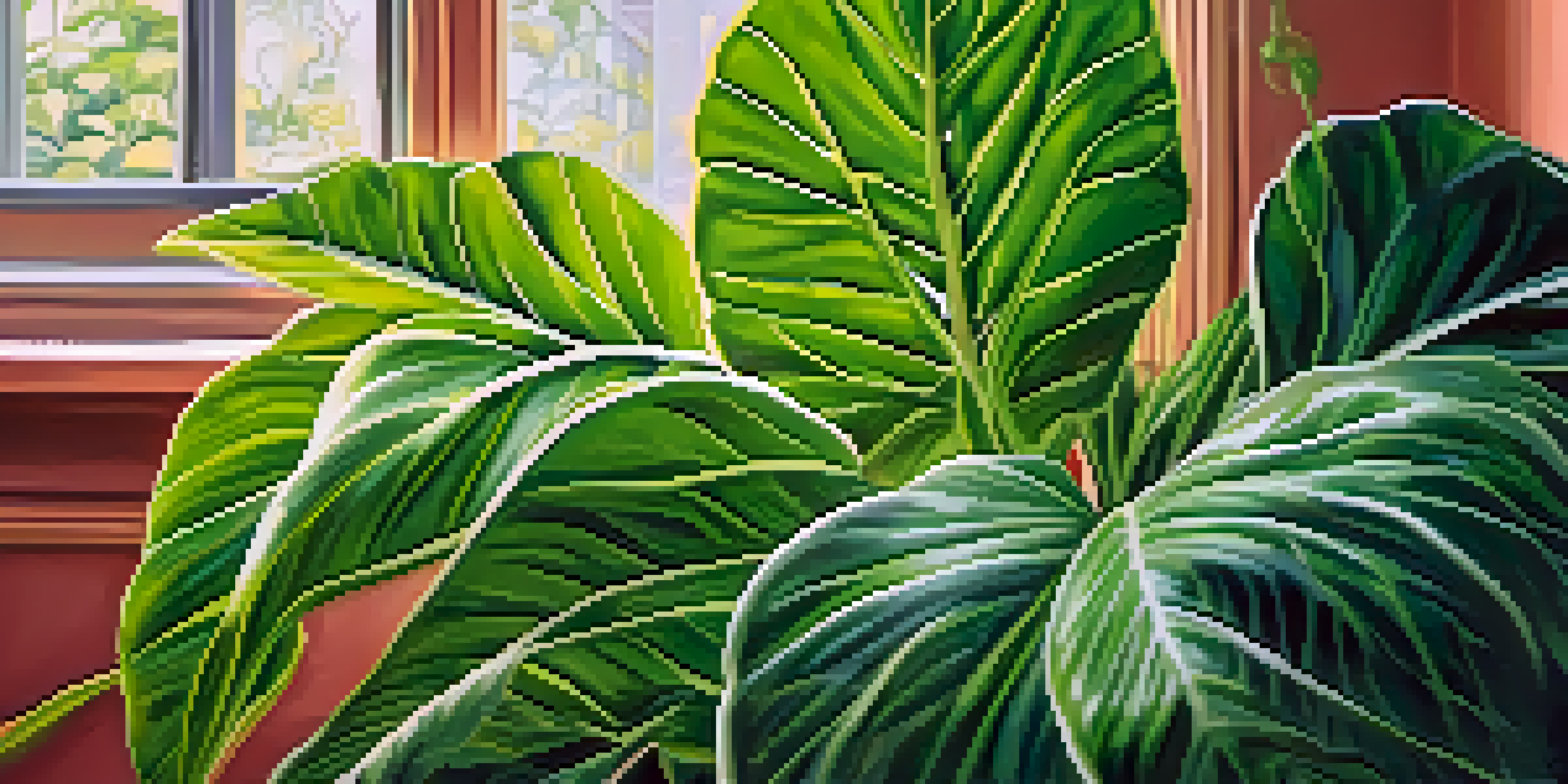 A close-up of a lush green plant with detailed leaf veins, illuminated by soft sunlight in a cozy indoor garden.