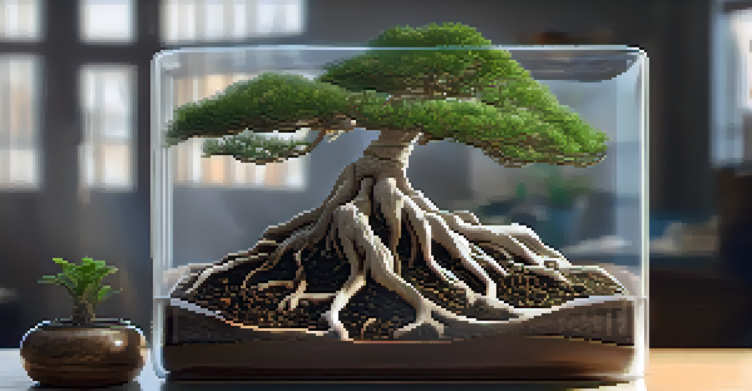 A close-up view of a bonsai tree's root system in a transparent pot, showcasing the texture of the soil and roots under bright light.