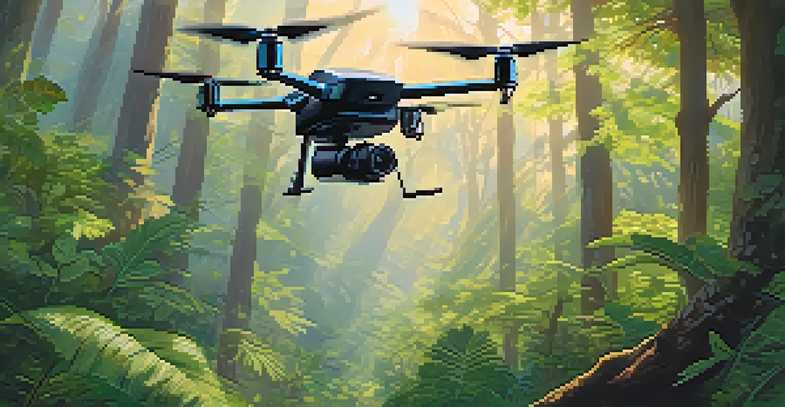 An aerial view showing a conservationist with a drone surveying a forest rich in endangered plant species.