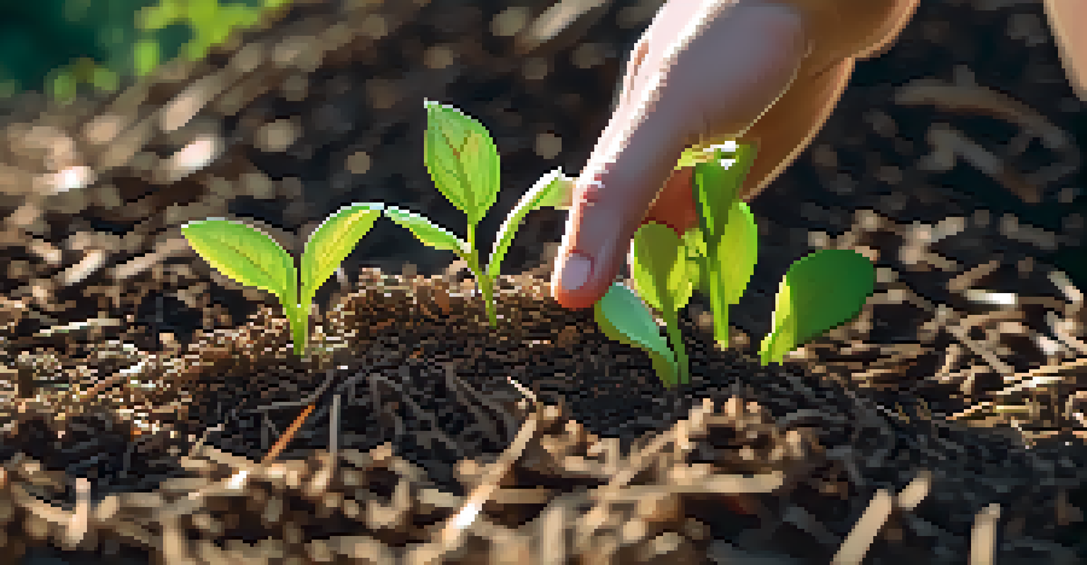 Close-up of mulched soil with seedlings, a hand checking the moisture, illuminated by soft morning light.