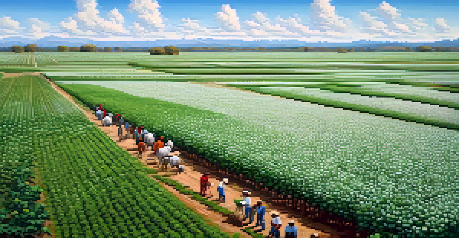 An aerial view of a green cotton field with blooming plants and farm workers in the distance under a blue sky.