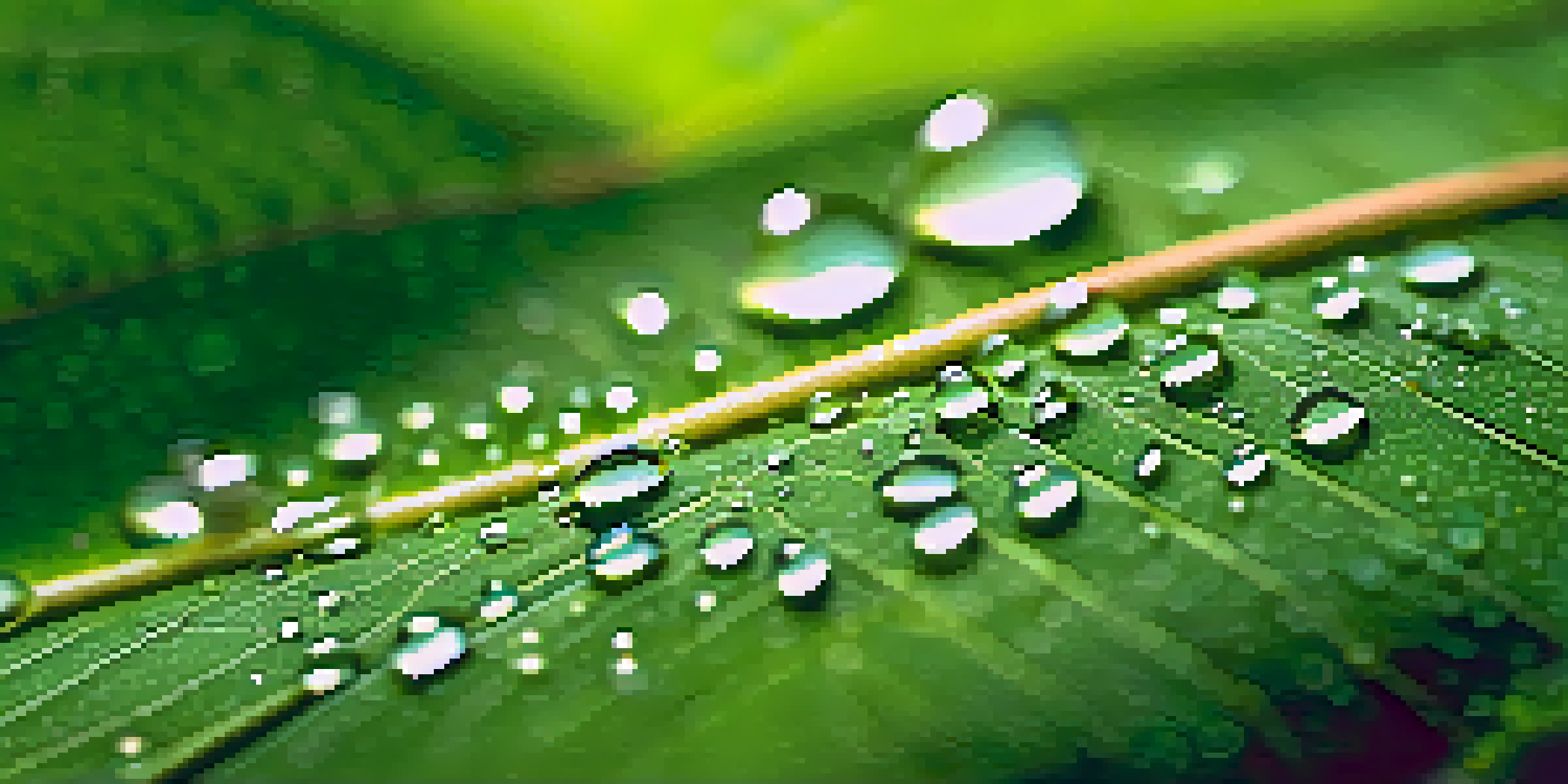 A close-up image of a green leaf with water droplets, showing detailed vein patterns and sunlight shining through.