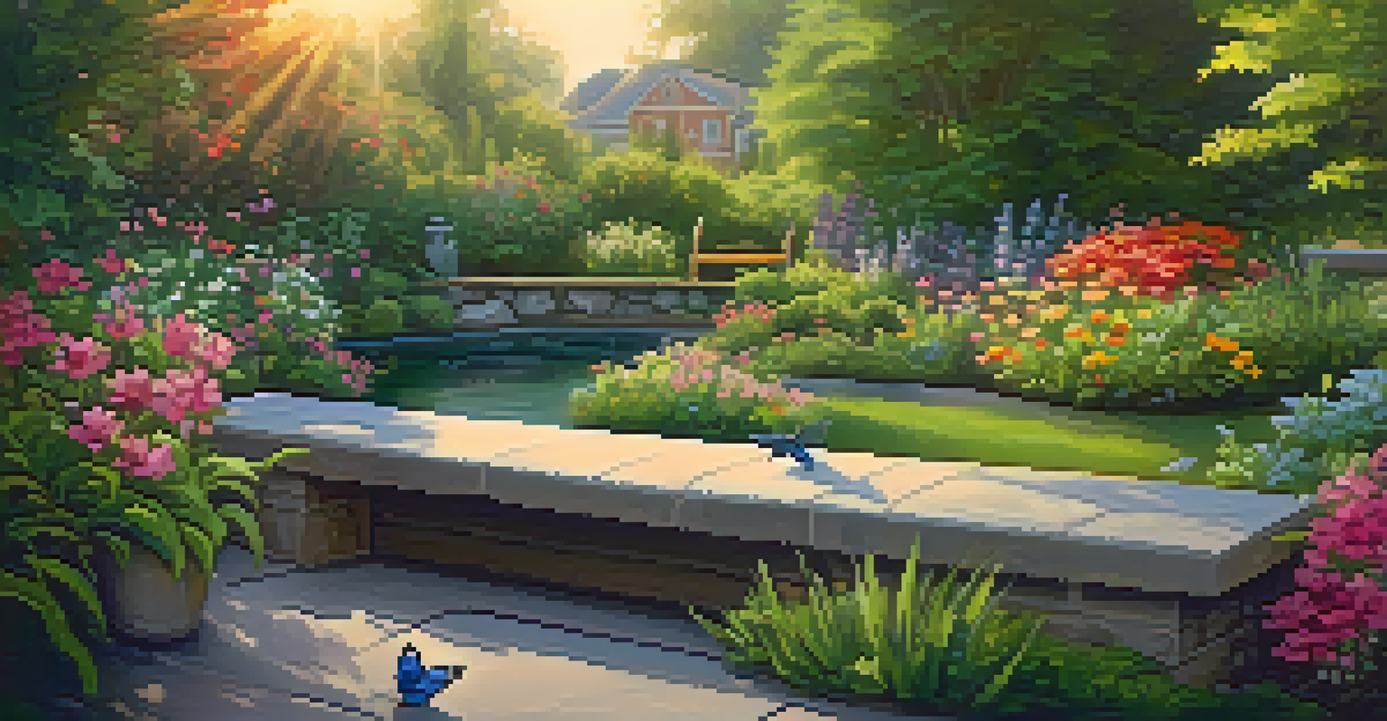 A serene urban garden featuring a pond, surrounded by diverse plants and flowers, with butterflies and bees, illuminated by the warm light of the setting sun.
