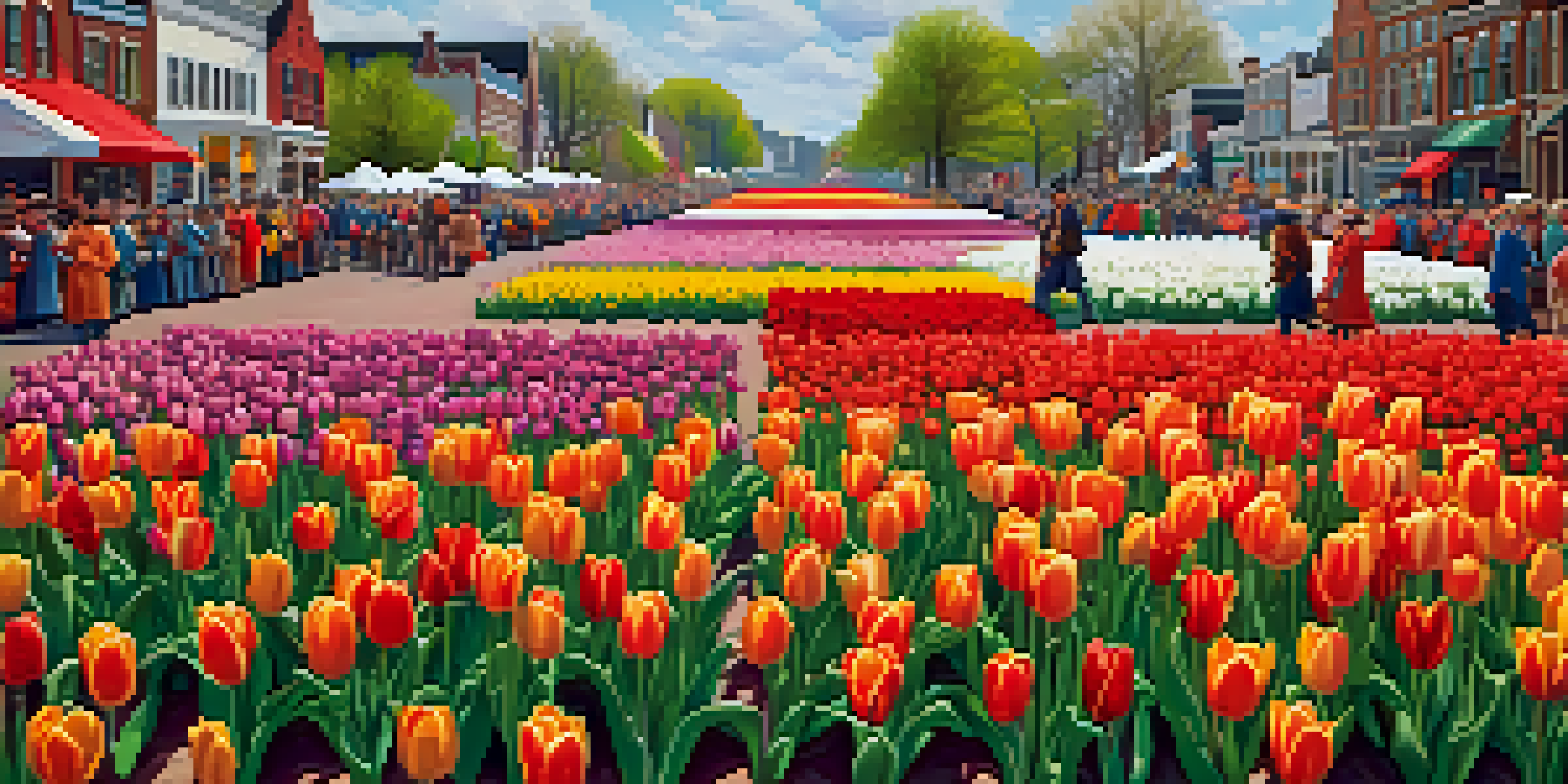 A colorful display of blooming tulips at the Tulip Time Festival with a parade in the background and people in traditional Dutch attire.