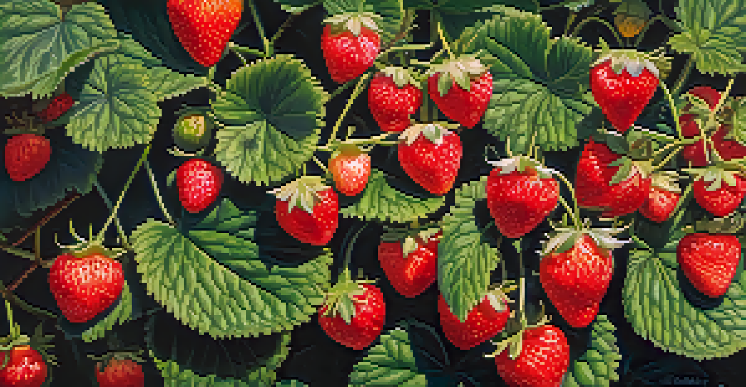 An overhead view of a strawberry plant with ripe strawberries and green leaves under soft sunlight.