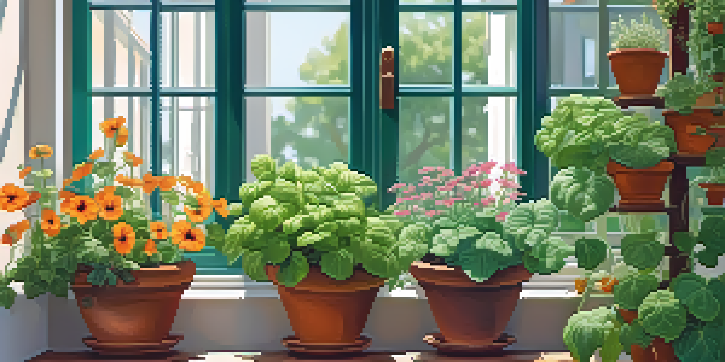 A vibrant vertical garden with herbs and flowers on a sunny balcony, featuring a wooden trellis.
