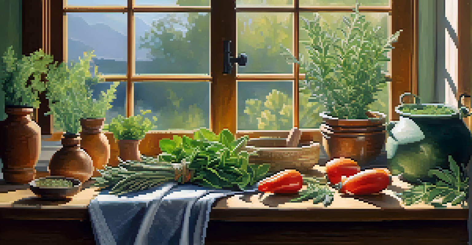 A rustic kitchen scene with a wooden table, featuring a bowl of sage leaves and chopped sage on a cutting board, with sunlight streaming in.
