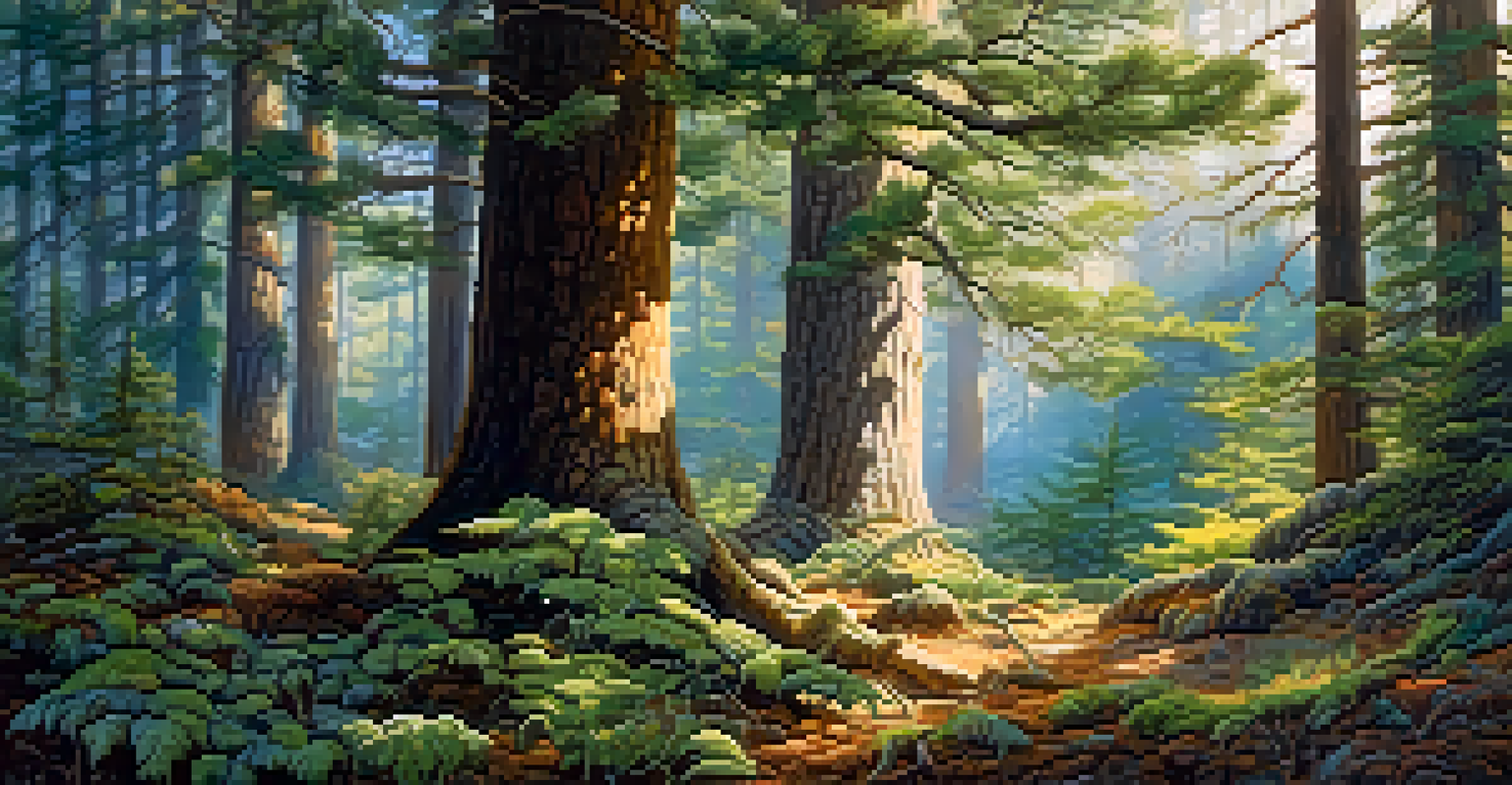 Lush forest with diverse trees and colorful fungi, showcasing their symbiotic relationships under dappled sunlight.