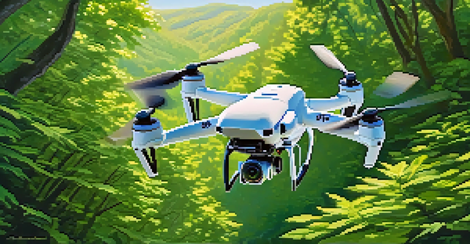 A drone flying over a dense forest with sunlight filtering through the trees, capturing images of various plant species below.