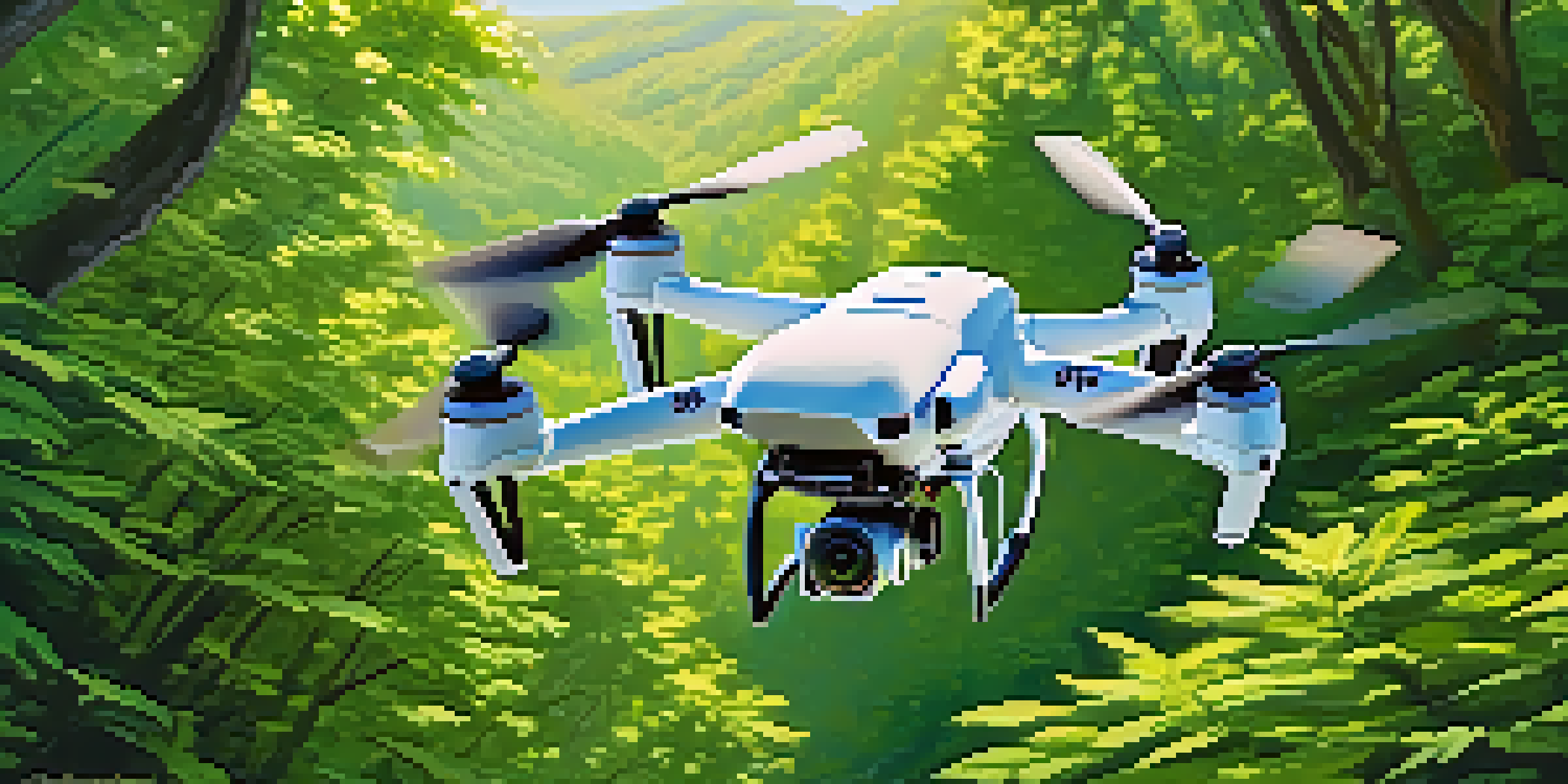 A drone flying over a dense forest with sunlight filtering through the trees, capturing images of various plant species below.