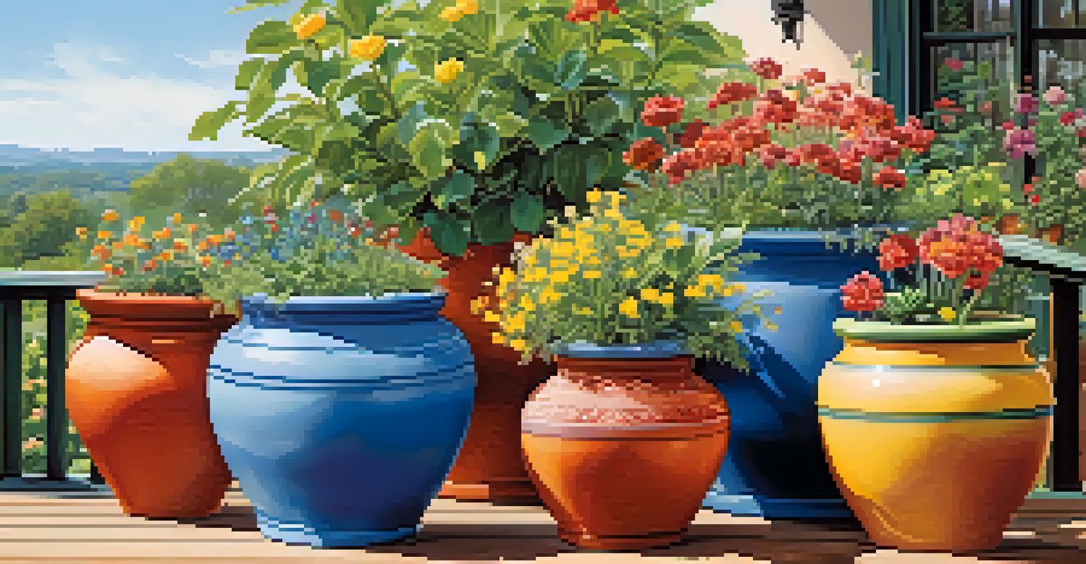 Colorful flowering plants in ceramic pots on a wooden deck with greenery and blue sky in the background.