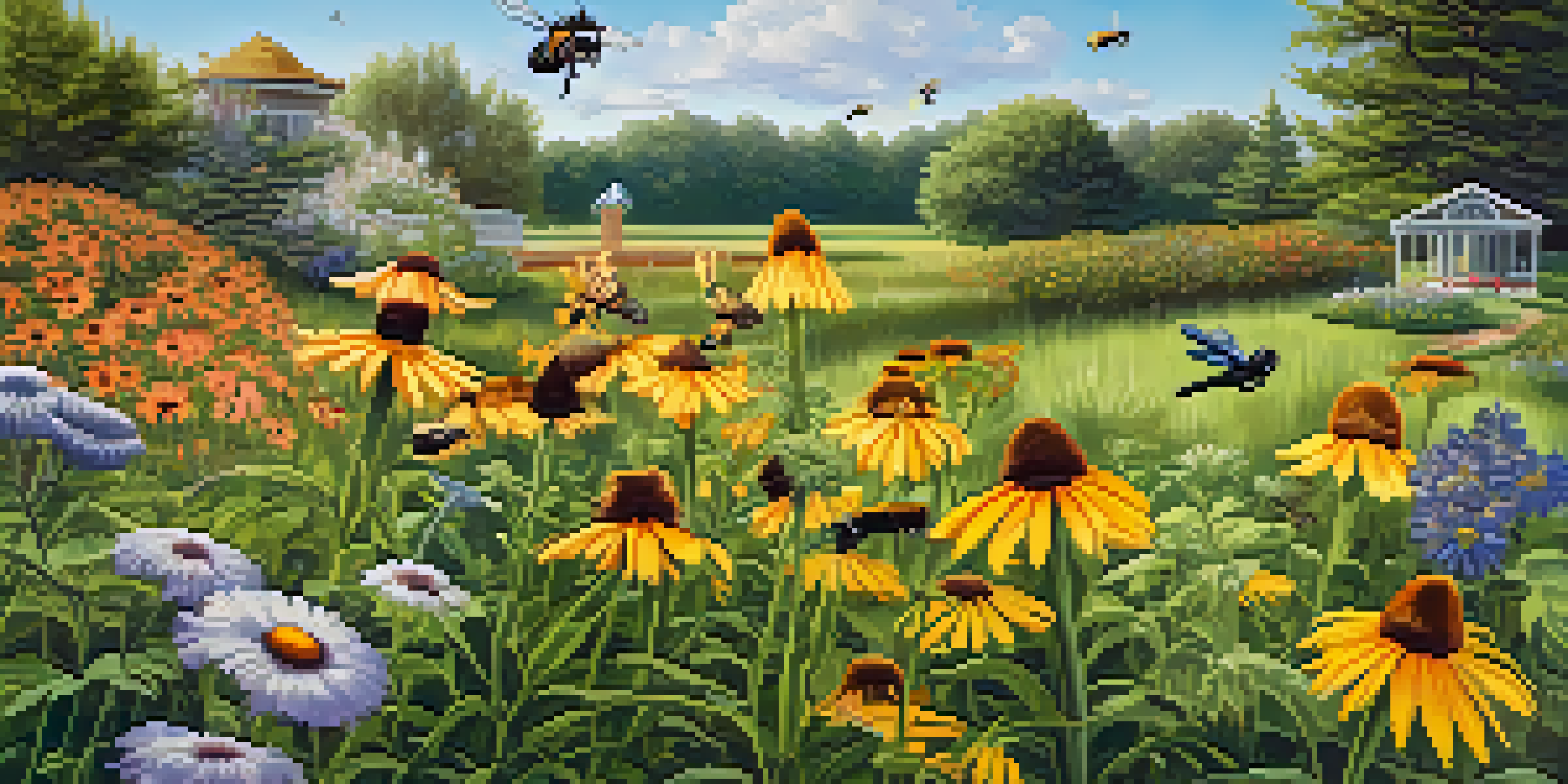 A colorful garden filled with blooming flowers and pollinators like bees and butterflies under the sunlight.