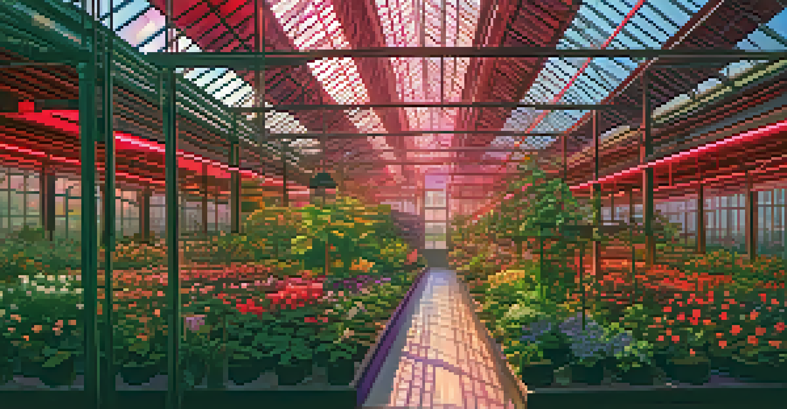 An overhead view of a greenhouse with flowering plants under red LED grow lights, highlighting the colorful petals and plant arrangement.