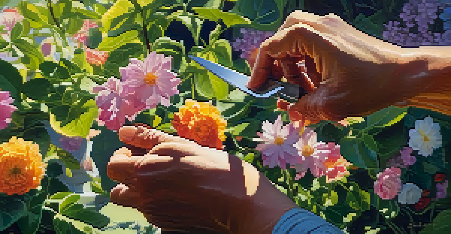 A close-up of hands pruning a flowering plant in a bright garden setting.