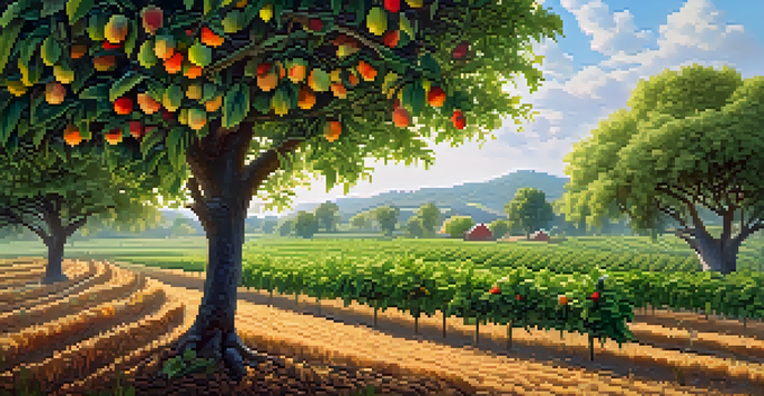 A colorful agroforestry scene with fruit and nut trees alongside crops, illuminated by sunlight and featuring wildlife and a farmer.