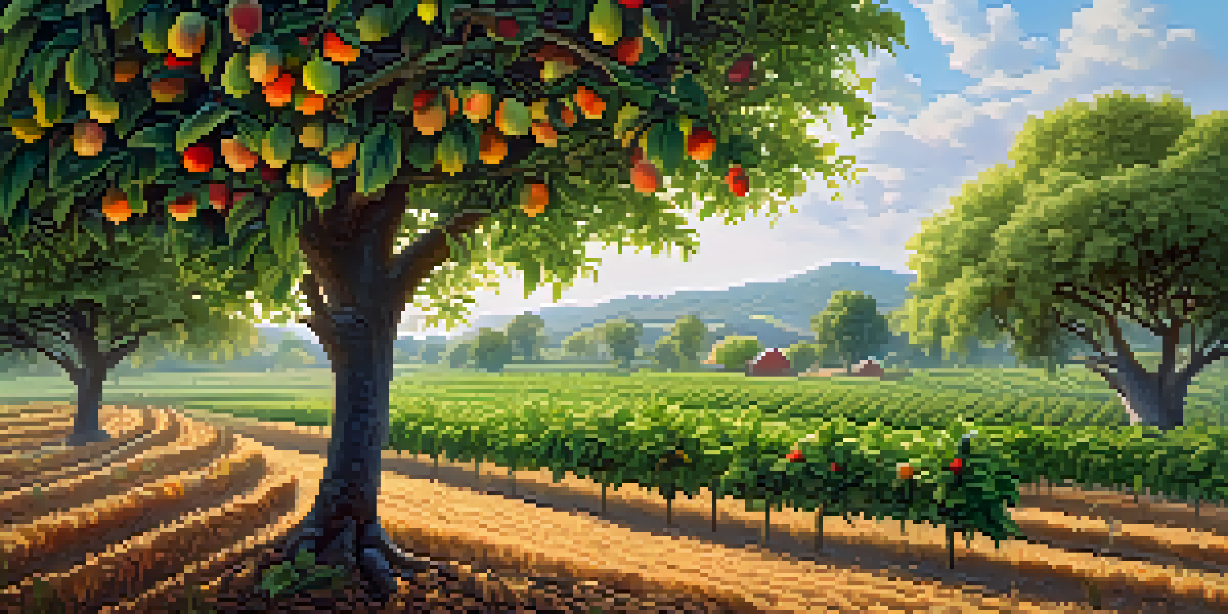 A colorful agroforestry scene with fruit and nut trees alongside crops, illuminated by sunlight and featuring wildlife and a farmer.