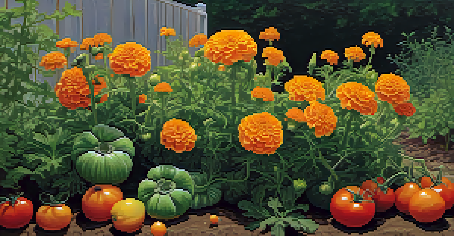 A close-up view of marigolds and tomatoes growing together in a garden, showing bright orange flowers and healthy green leaves.