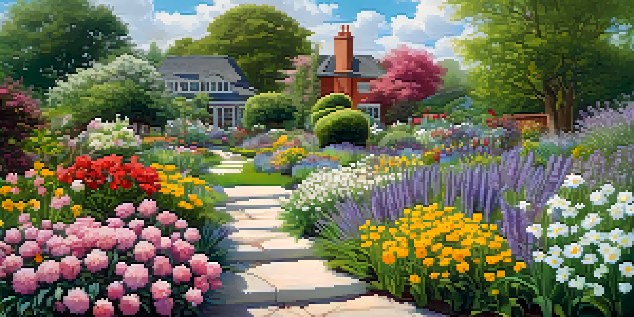 A bright spring garden filled with blooming perennial flowers and a gardener tending to them under a clear blue sky.