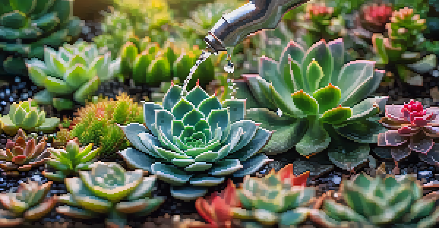 A close-up shot of a hand watering a colorful succulent garden with glistening droplets on the leaves, set against a blurred background.