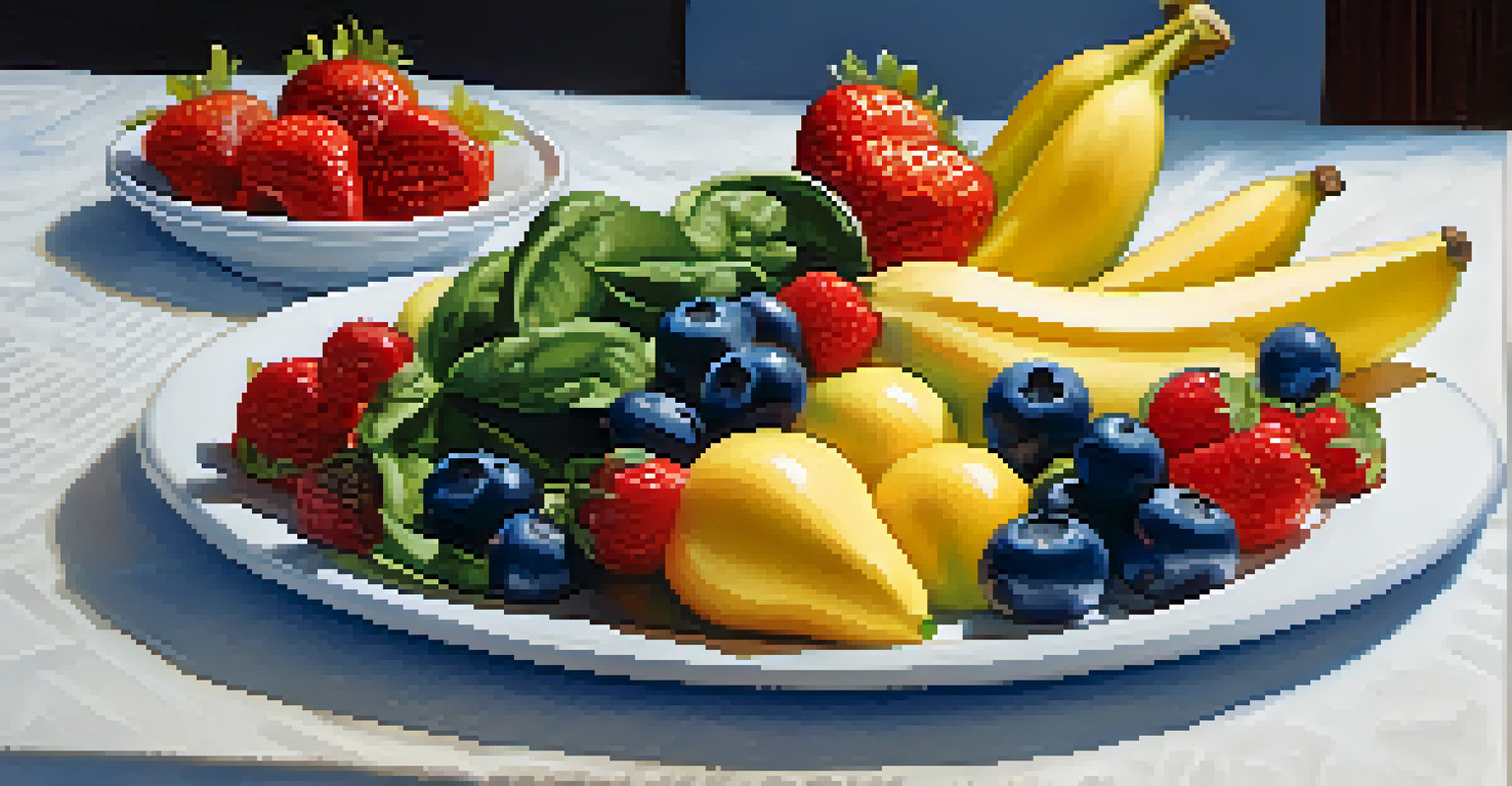A plate with an assortment of fresh fruits and vegetables including strawberries, spinach, bananas, and blueberries in a cozy kitchen setting.