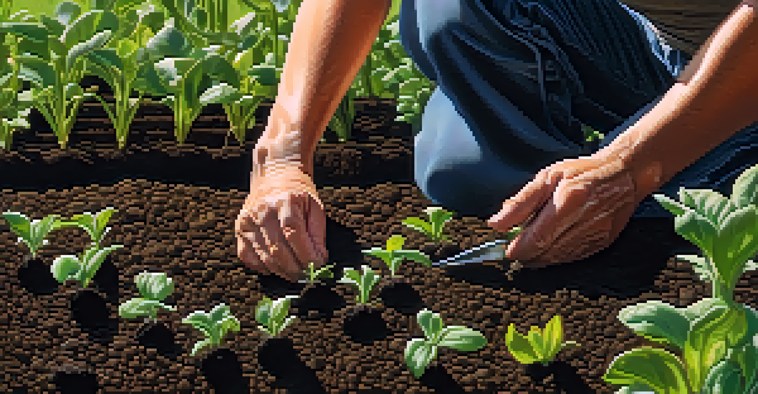 A close-up of a gardener's hands planting seeds in dark soil, with emerging seedlings and small tools in the background.