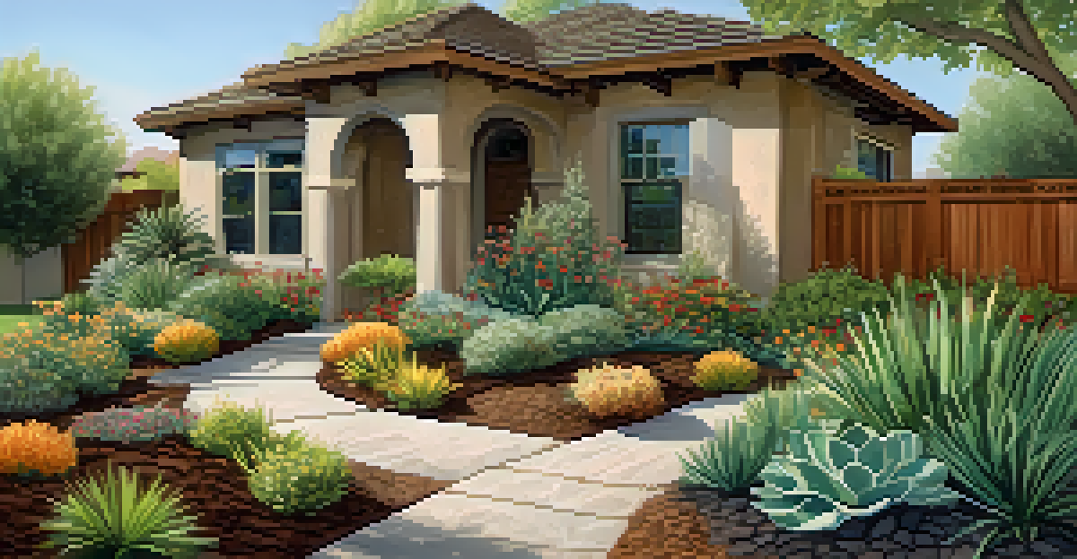 A sustainable drought-resistant garden with mulch, stone borders, and a rain barrel, bathed in warm sunlight.