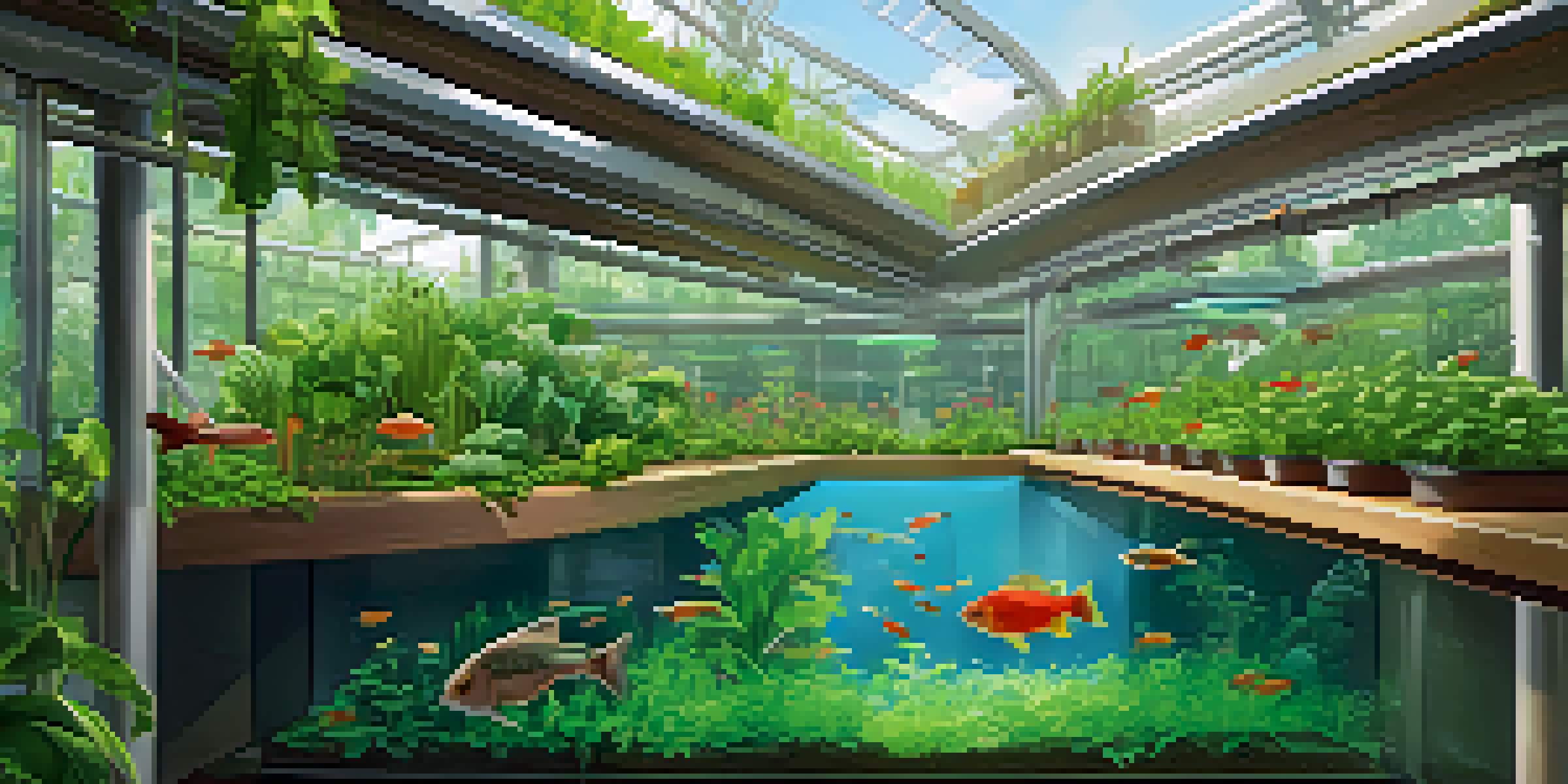 A colorful aquaponics system with plants growing above and fish swimming below in clear water, set in a modern urban environment.