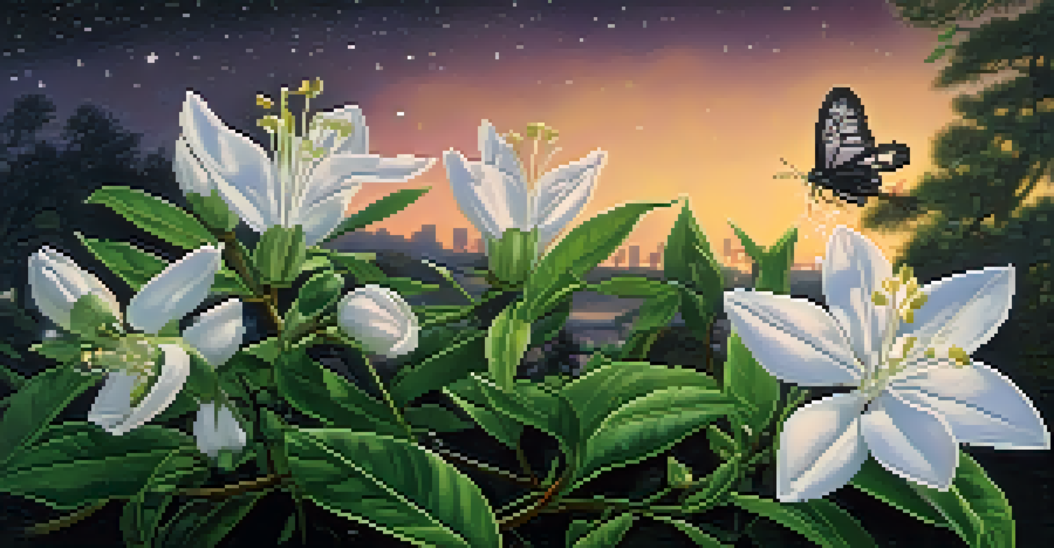 A night-blooming jasmine flower emitting scent in the evening, with moths attracted to it in a dusky setting.