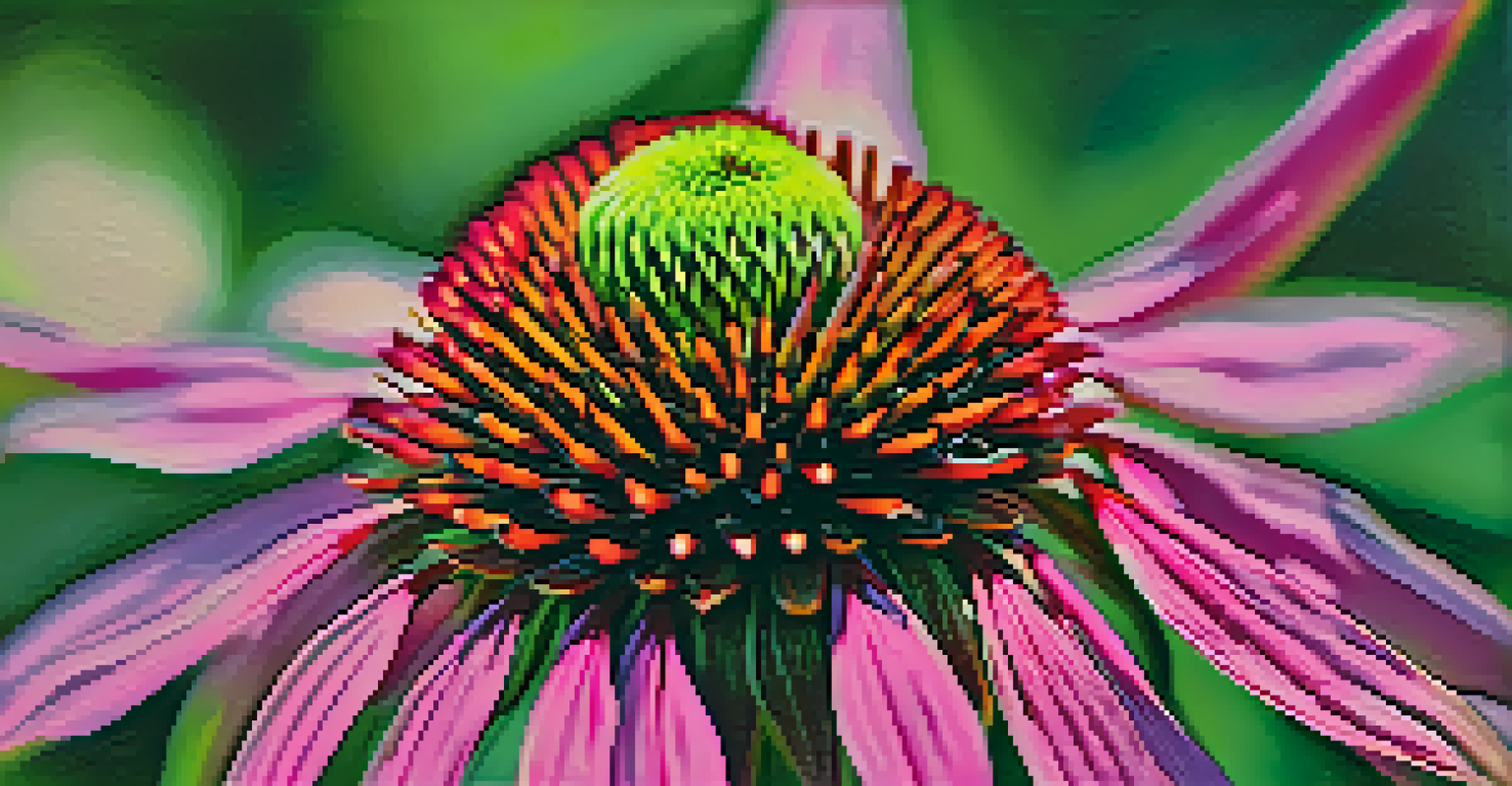 Close-up of a blooming Echinacea flower with vibrant pink petals and a cone-shaped center, set against a blurred green background.