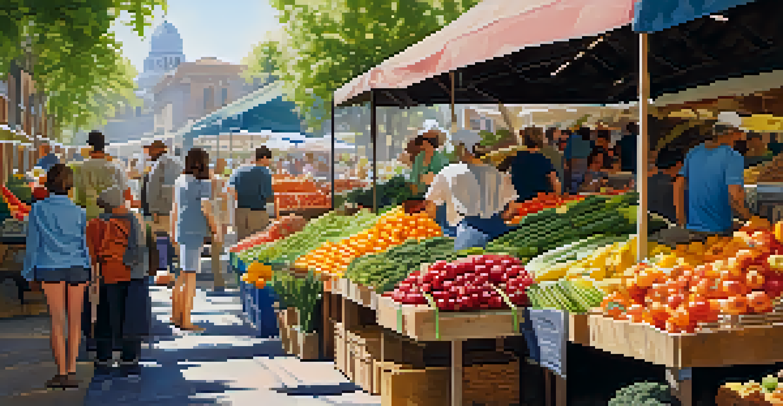 A lively farmer's market with colorful stalls displaying fresh fruits and vegetables under a sunny sky.