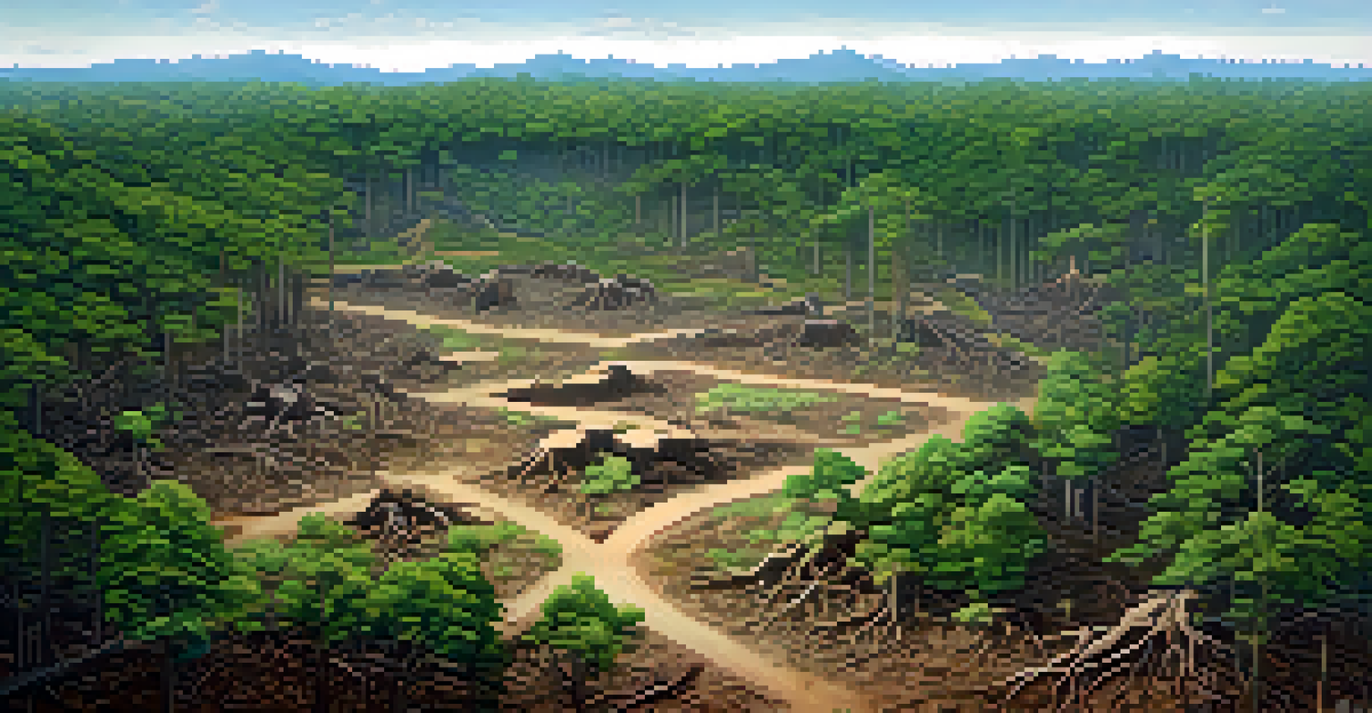 An aerial view showing a stark contrast between a deforested area and a thriving green forest, with visible soil texture and tree stumps.