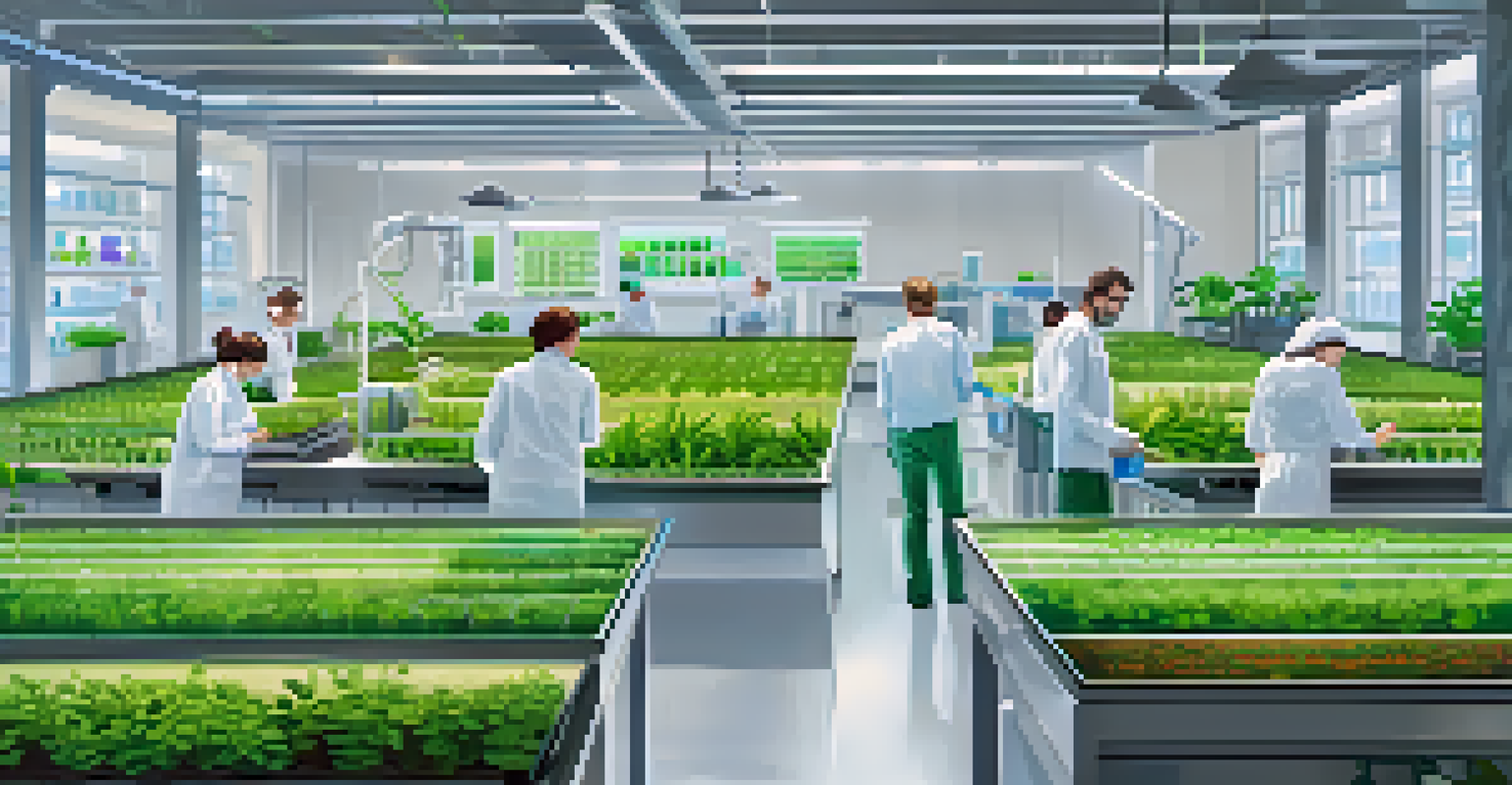 Scientists in a modern plant breeding laboratory, working with plants and computers, emphasizing genetic diversity.