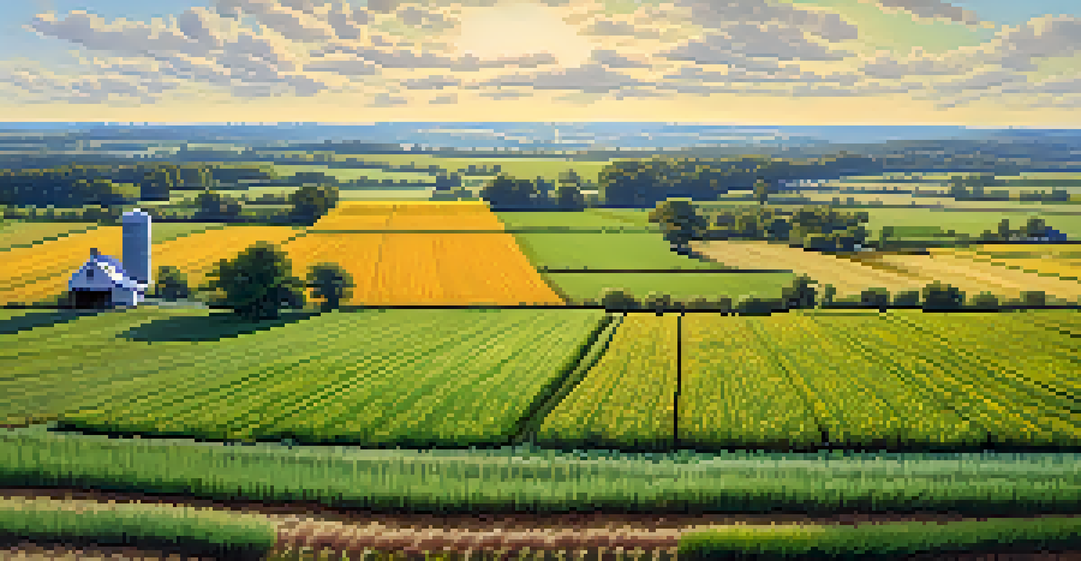 A panoramic view of a farm field with different cover crops and a farmer planting in the distance.