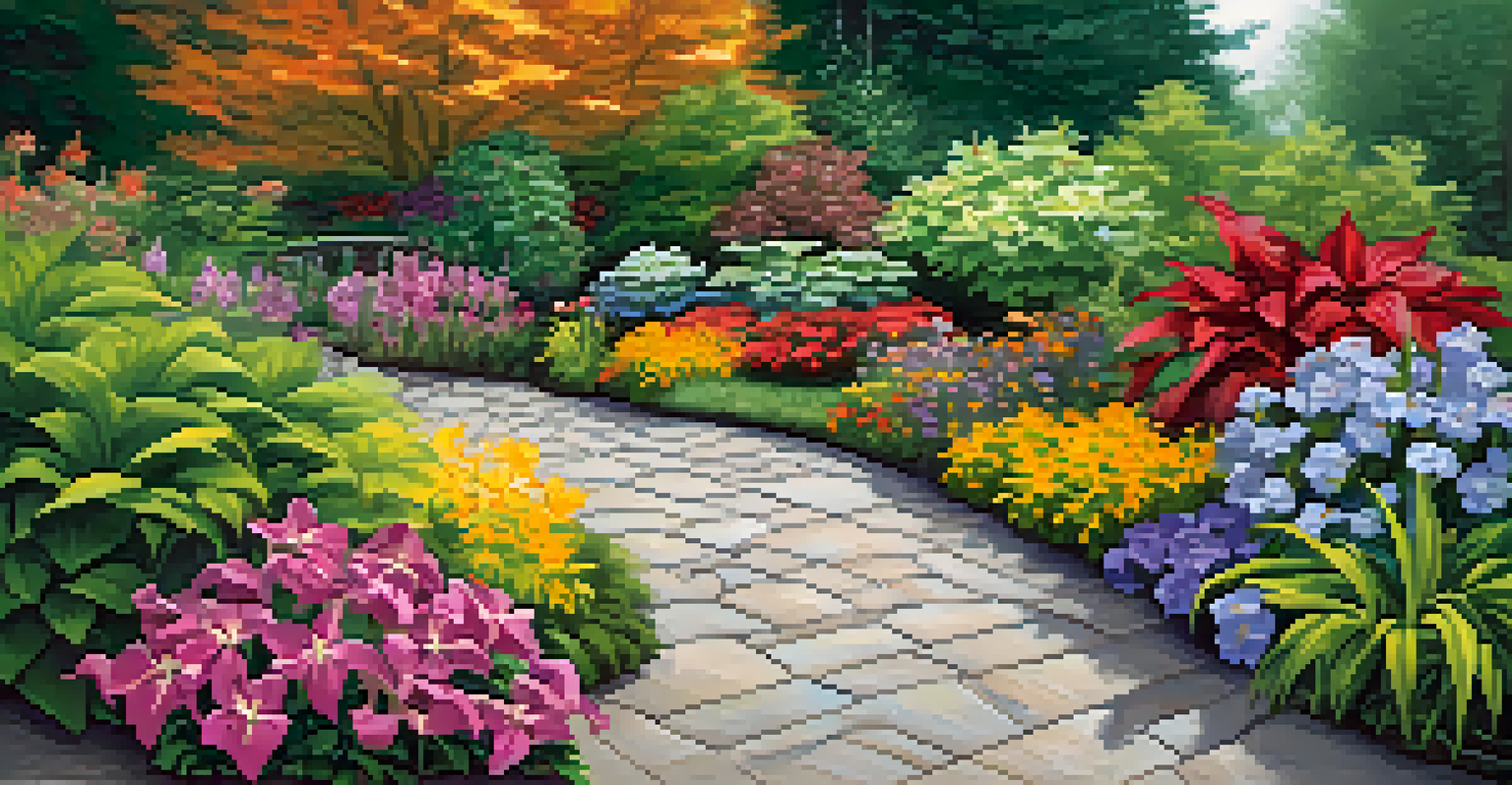 A garden design contrasting robust hostas and daylilies with vibrant petunias and zinnias, featuring a garden path and autumn leaves.