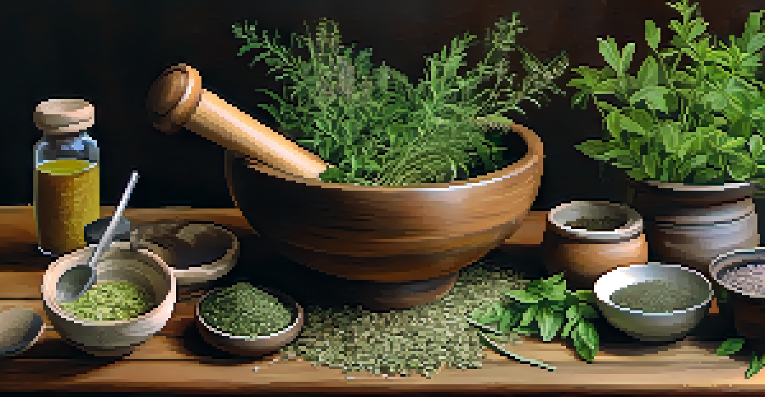 Close-up of hands grinding dried herbs in a mortar and pestle, with fresh plants arranged on a wooden table, illuminated by soft natural light.