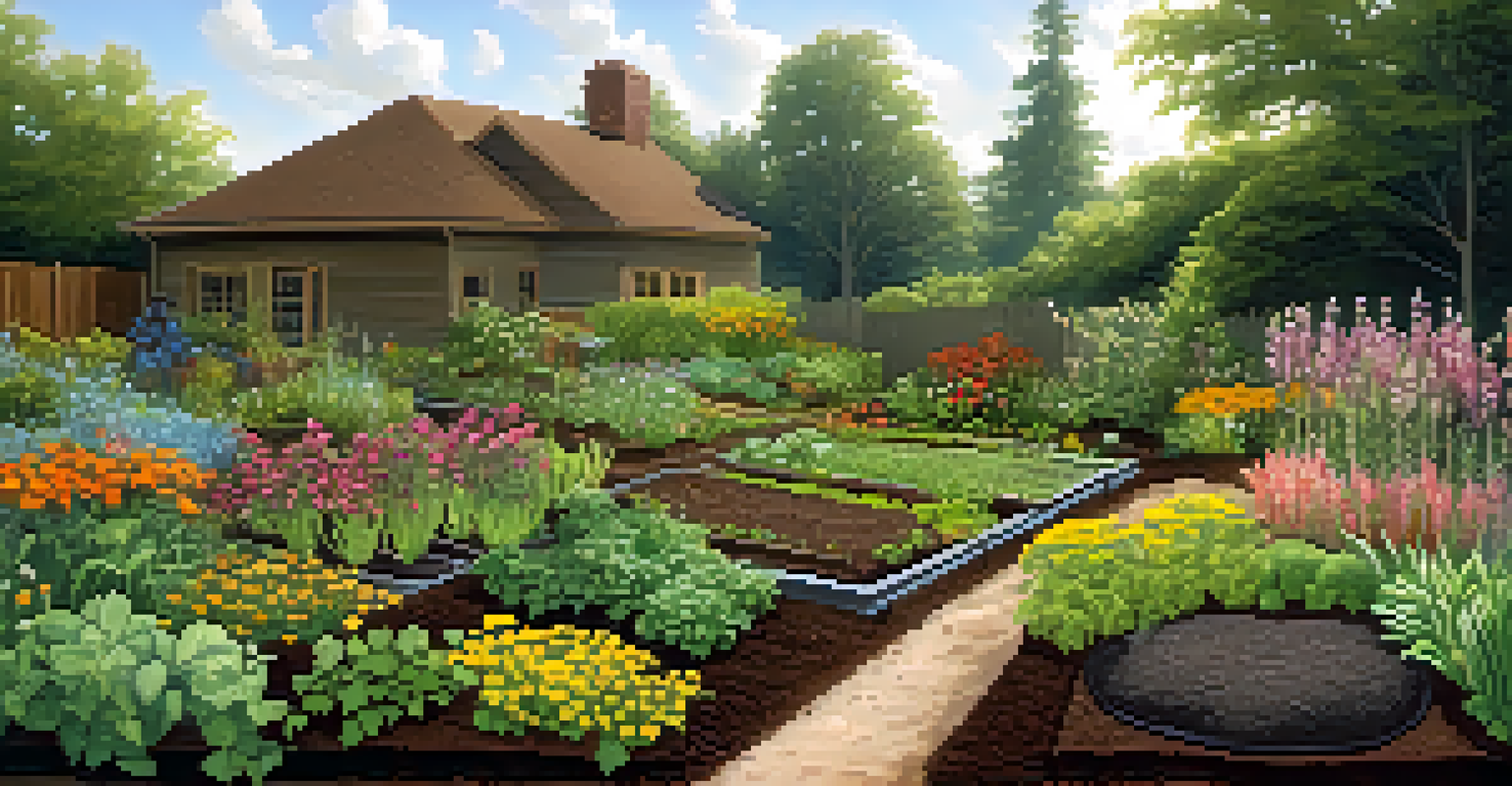 A sustainable garden filled with diverse plants and organic soil, showing a healthy ecosystem.