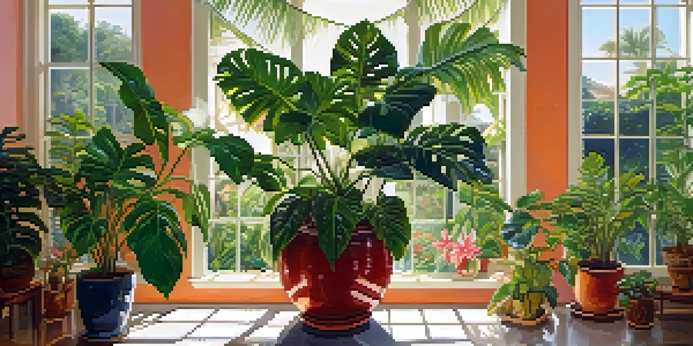 A bright indoor space filled with various tropical plants like monstera and hibiscus, arranged in decorative pots, with sunlight streaming in from a window.