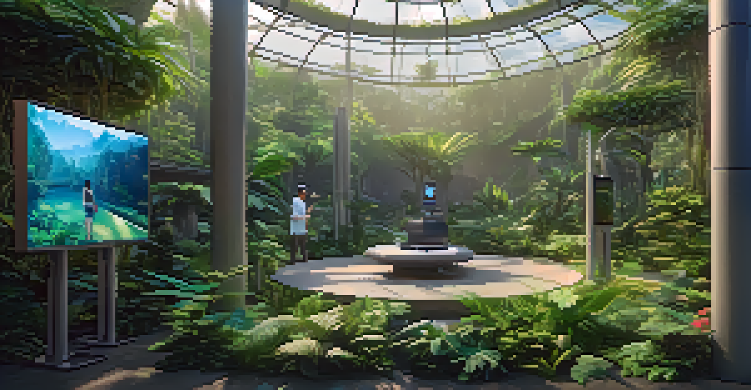 Visitors using virtual reality headsets in a botanical garden to explore immersive ecosystems, surrounded by lush greenery.