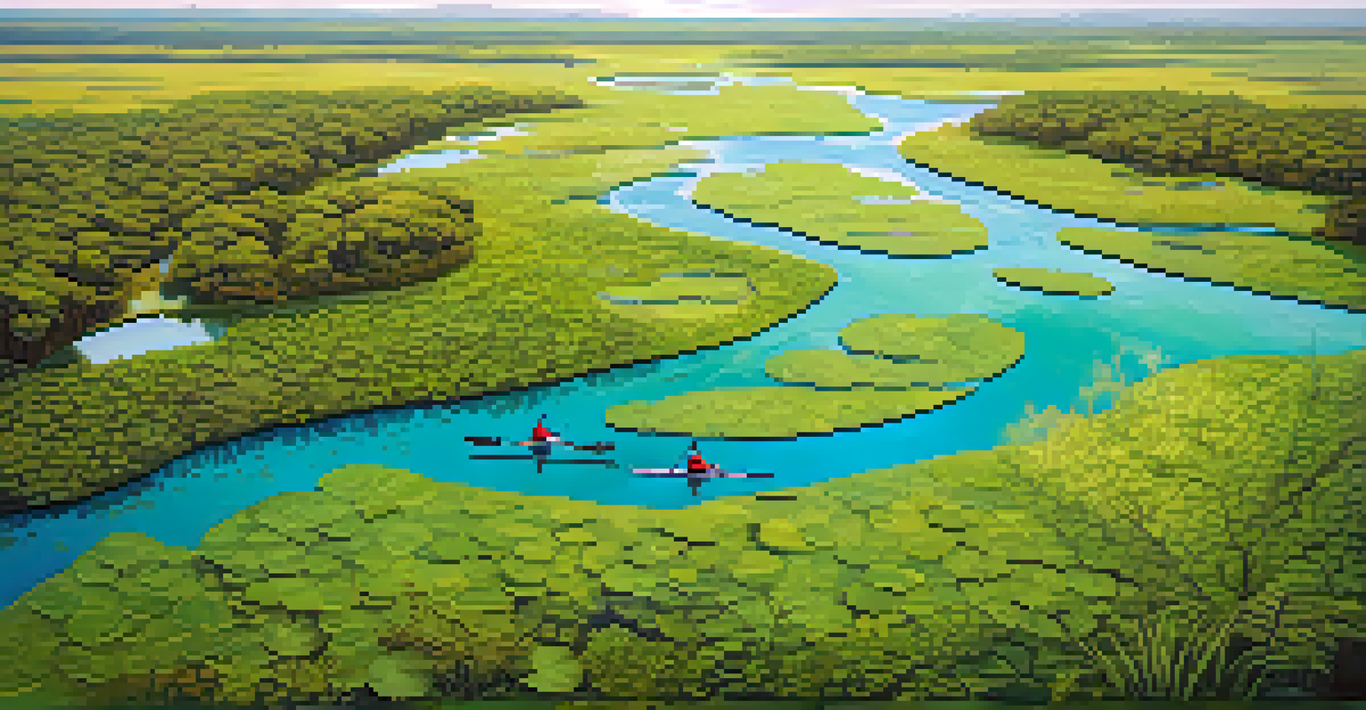 Aerial view of a lush wetland with water channels and kayakers exploring the area.