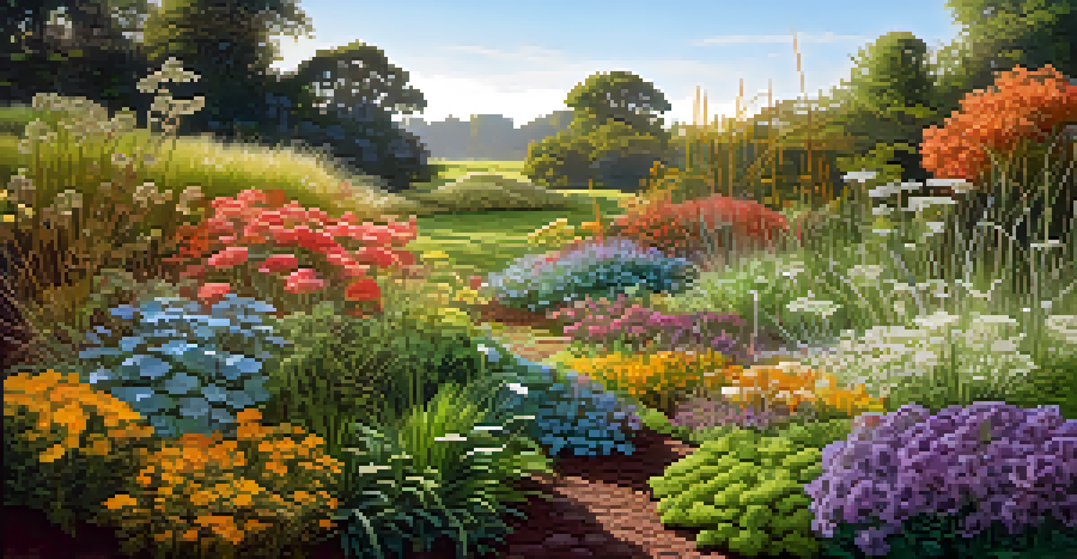 A vibrant garden filled with diverse plants, showing mycorrhizal fungi networks enriching the soil.