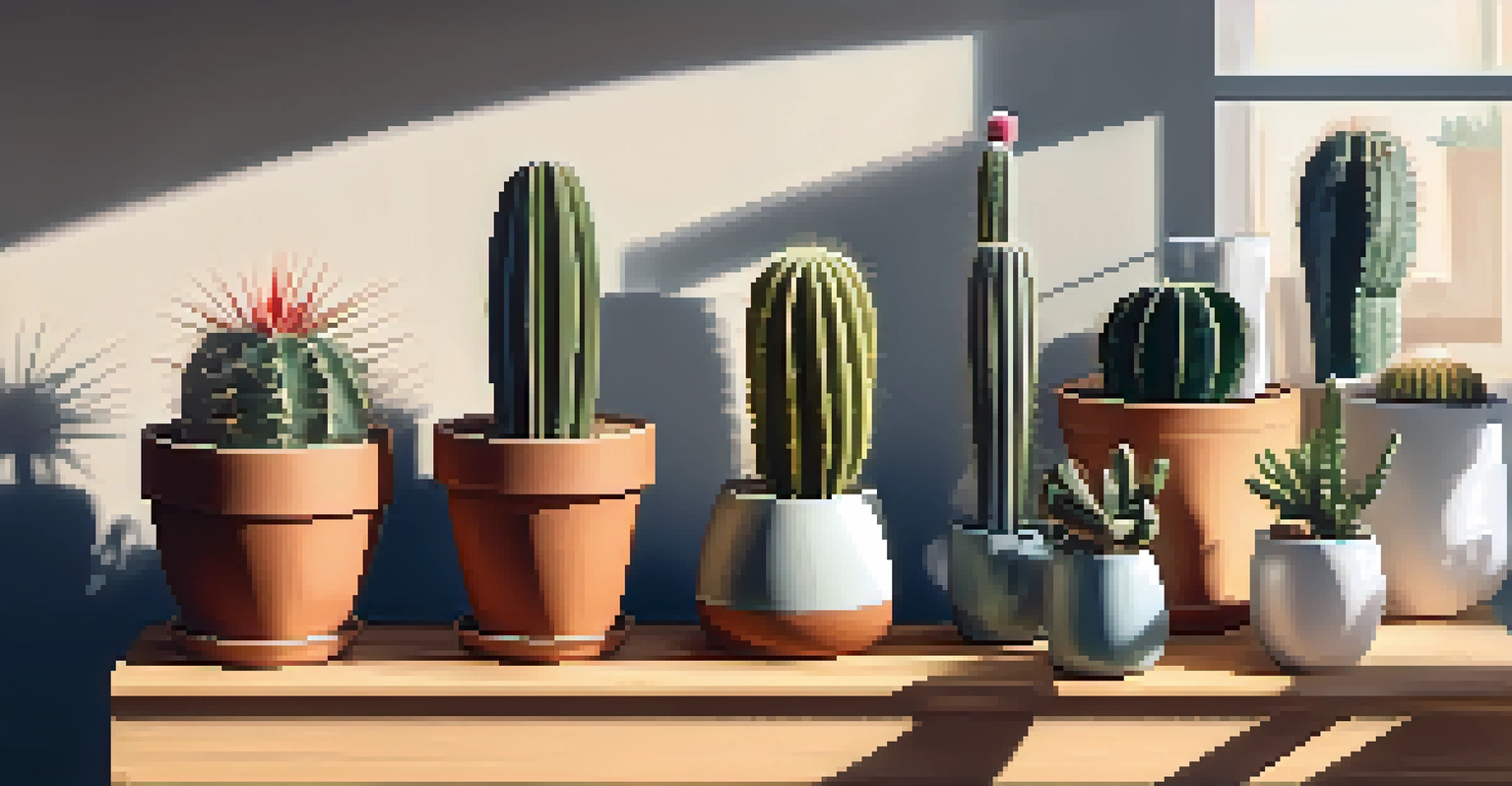A stylish indoor arrangement of different cacti in pots on a wooden shelf, illuminated by sunlight from a window.
