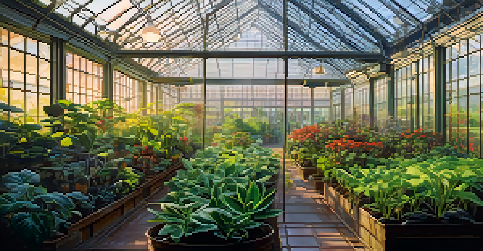 A greenhouse with thriving plants under artificial lights, demonstrating the importance of light in the process of photosynthesis.