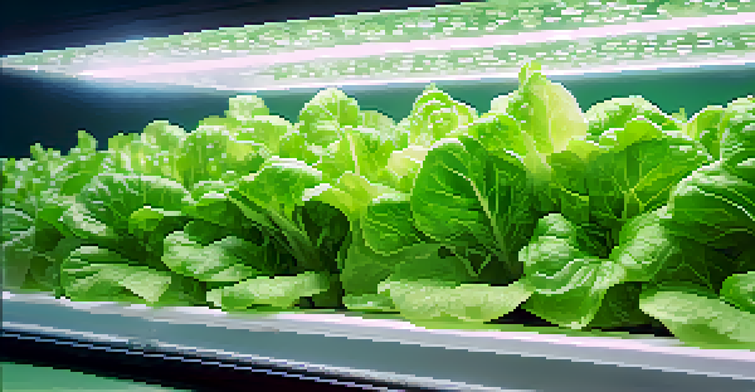A close-up of a hydroponic system with vibrant green lettuce growing in water, illuminated by soft LED lights.