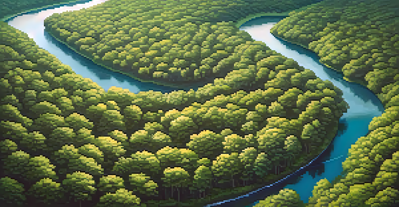 Aerial view of a vibrant forest with diverse tree species and a winding river, illuminated by warm afternoon light.