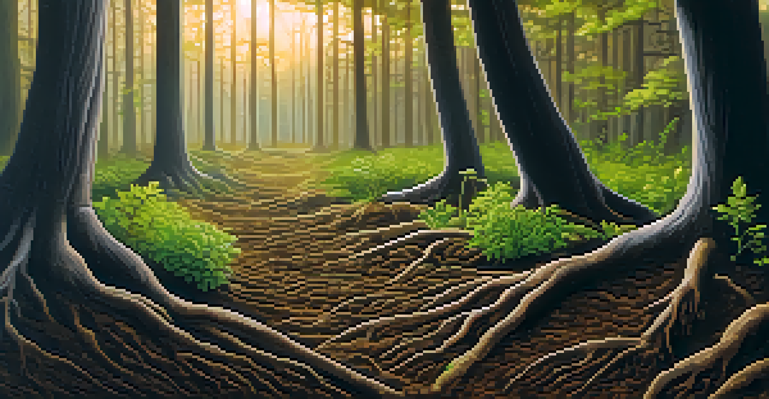 A close-up of rich soil with tree roots and green plants, set against a backdrop of a forest bathed in warm sunlight.