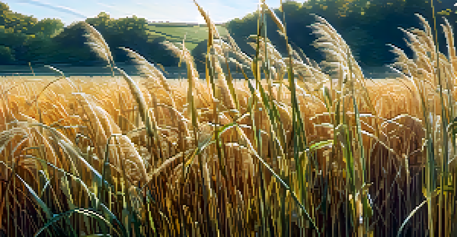 Close-up of bioenergy crops like switchgrass and miscanthus in a sunny field with dew-covered leaves.