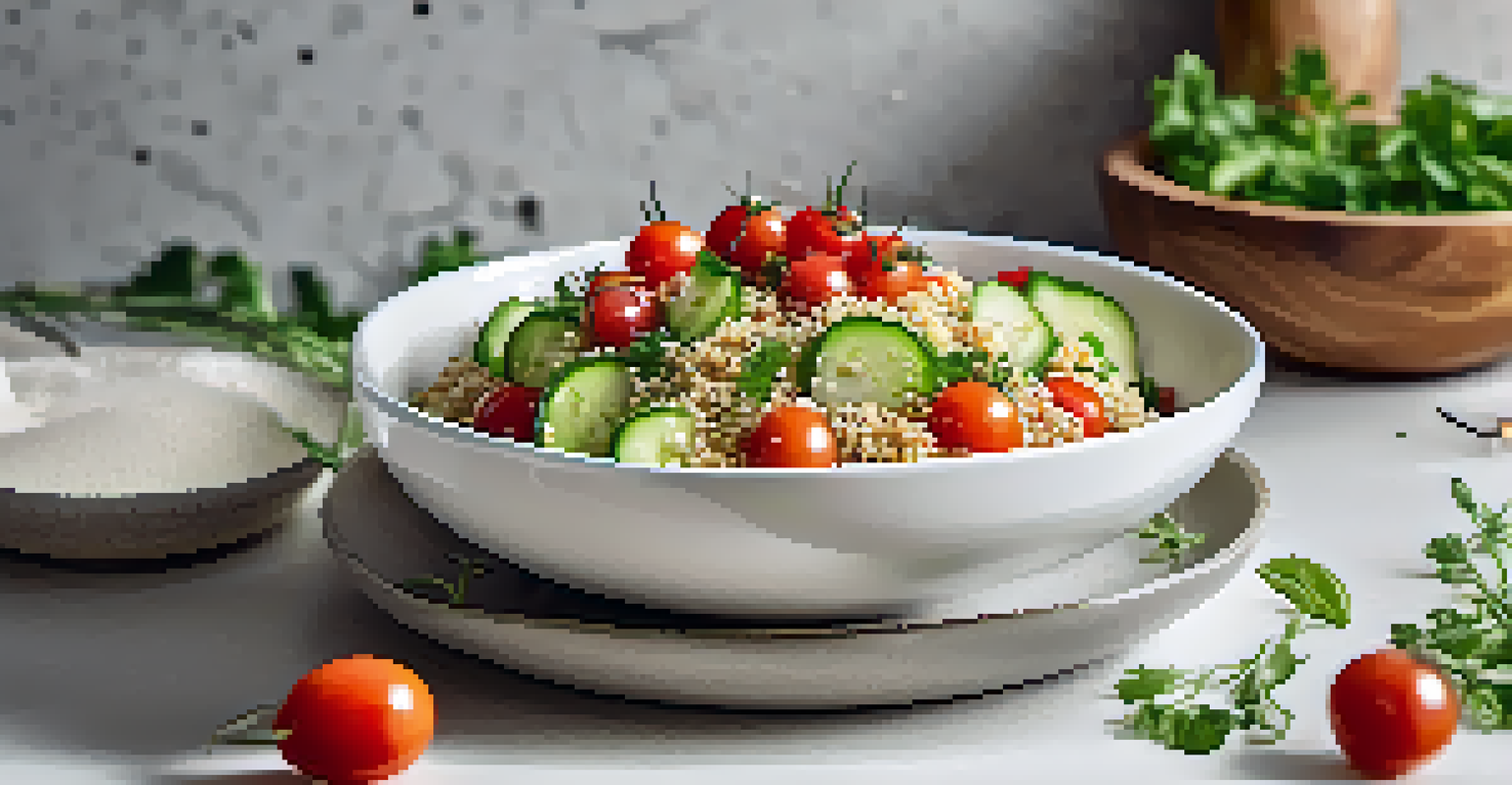A fresh quinoa salad with vegetables and herbs in a white bowl, displayed in a bright kitchen.