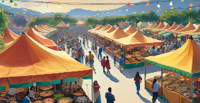 A lively outdoor food festival with colorful tents and people enjoying diverse cuisines.