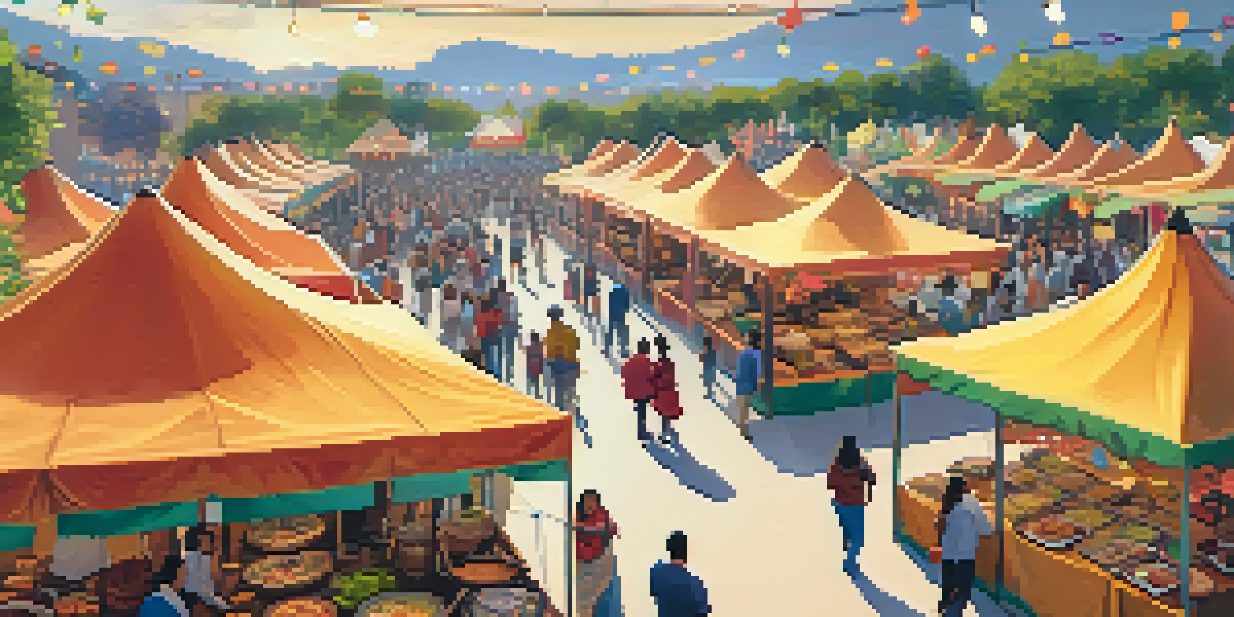A lively outdoor food festival with colorful tents and people enjoying diverse cuisines.
