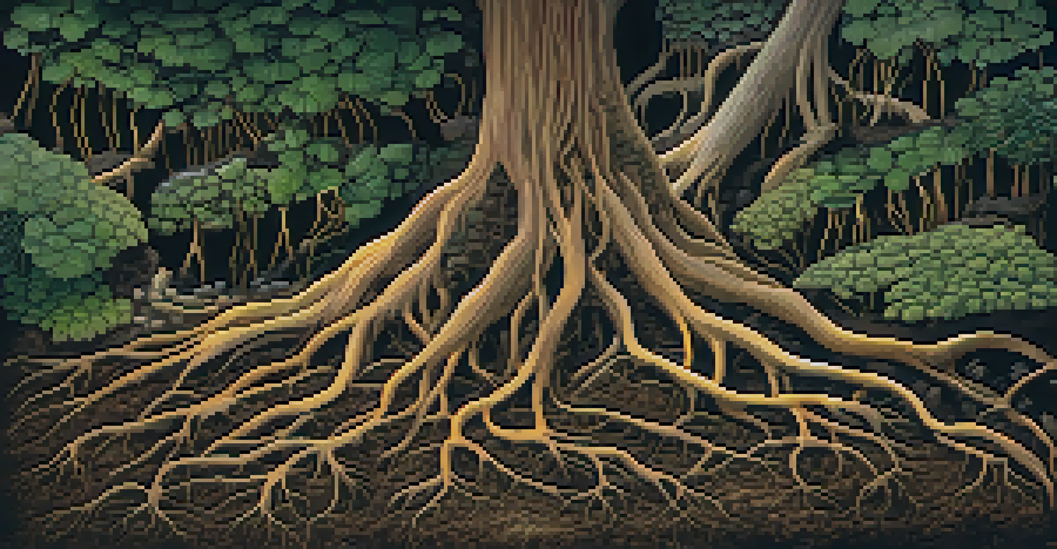 An underground view of plant roots connected by mycorrhizal fungi in rich soil, illuminated with warm light.